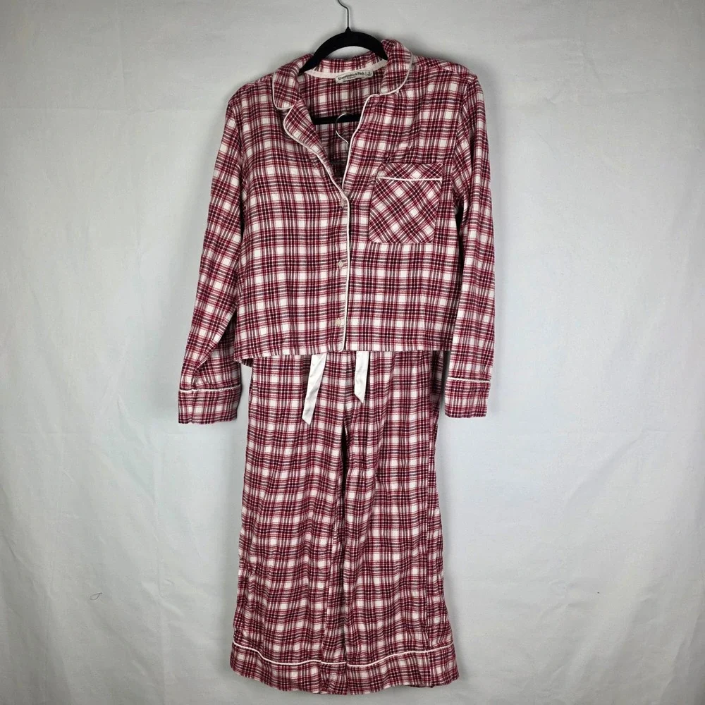 Abercrombie & Fitch Red Plaid Pajama‎ Set Women Small Top XXS Pants Cotton Blend